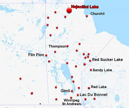 Map showing the location of Nejanilini / The Lodge at Little Duck in Manitoba
